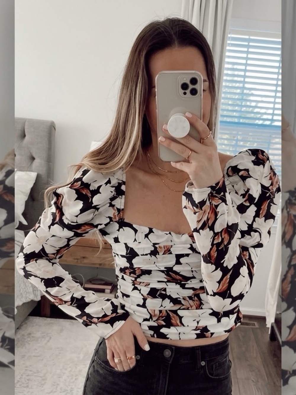 New Abercrombie&Fitch Floral Ruched Puff-Sleeve Crop Top, Black/White, Size XS